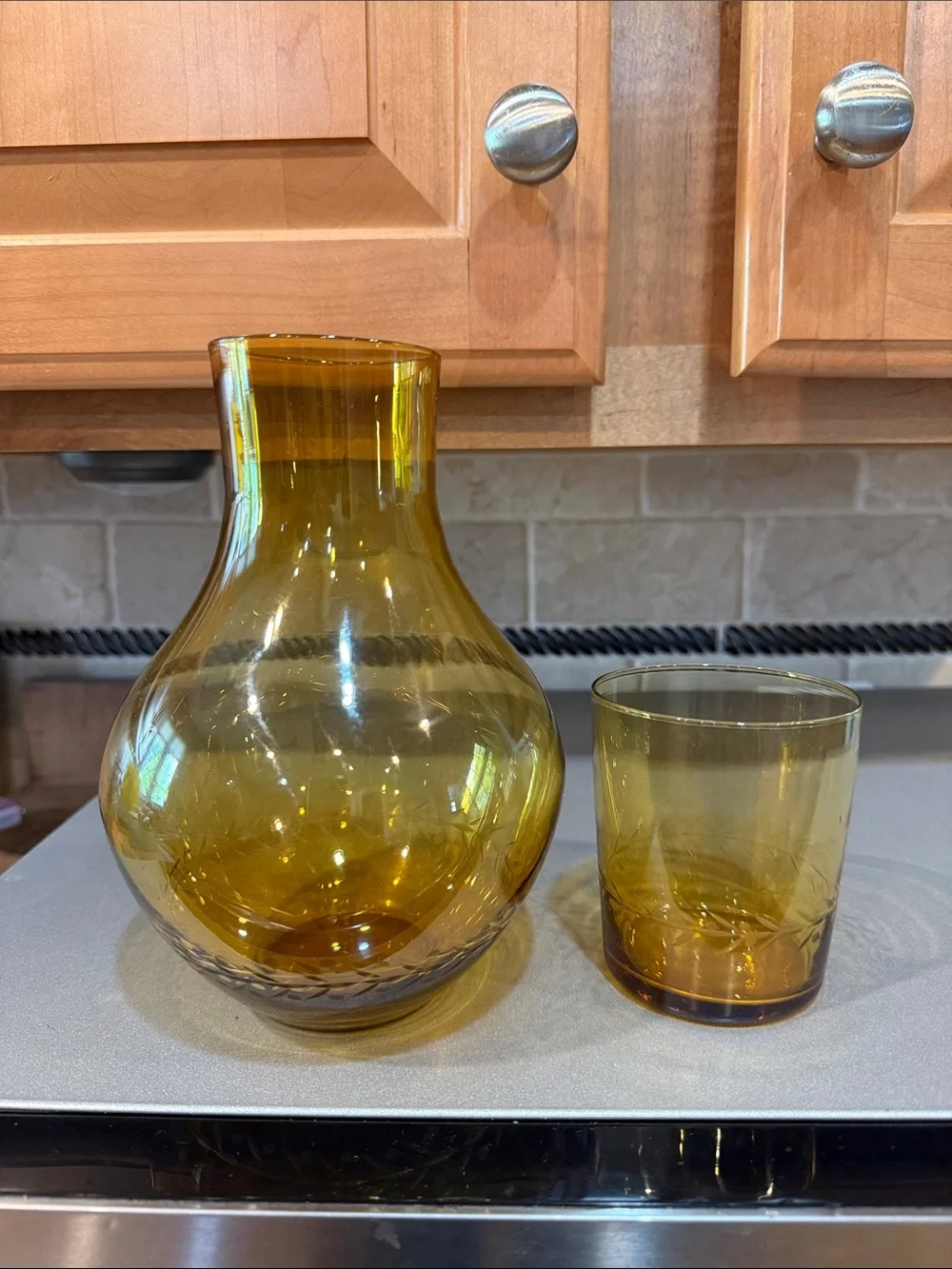 Amber Glass Decorative Carafe with Matching Glass  - Bedside or Barware